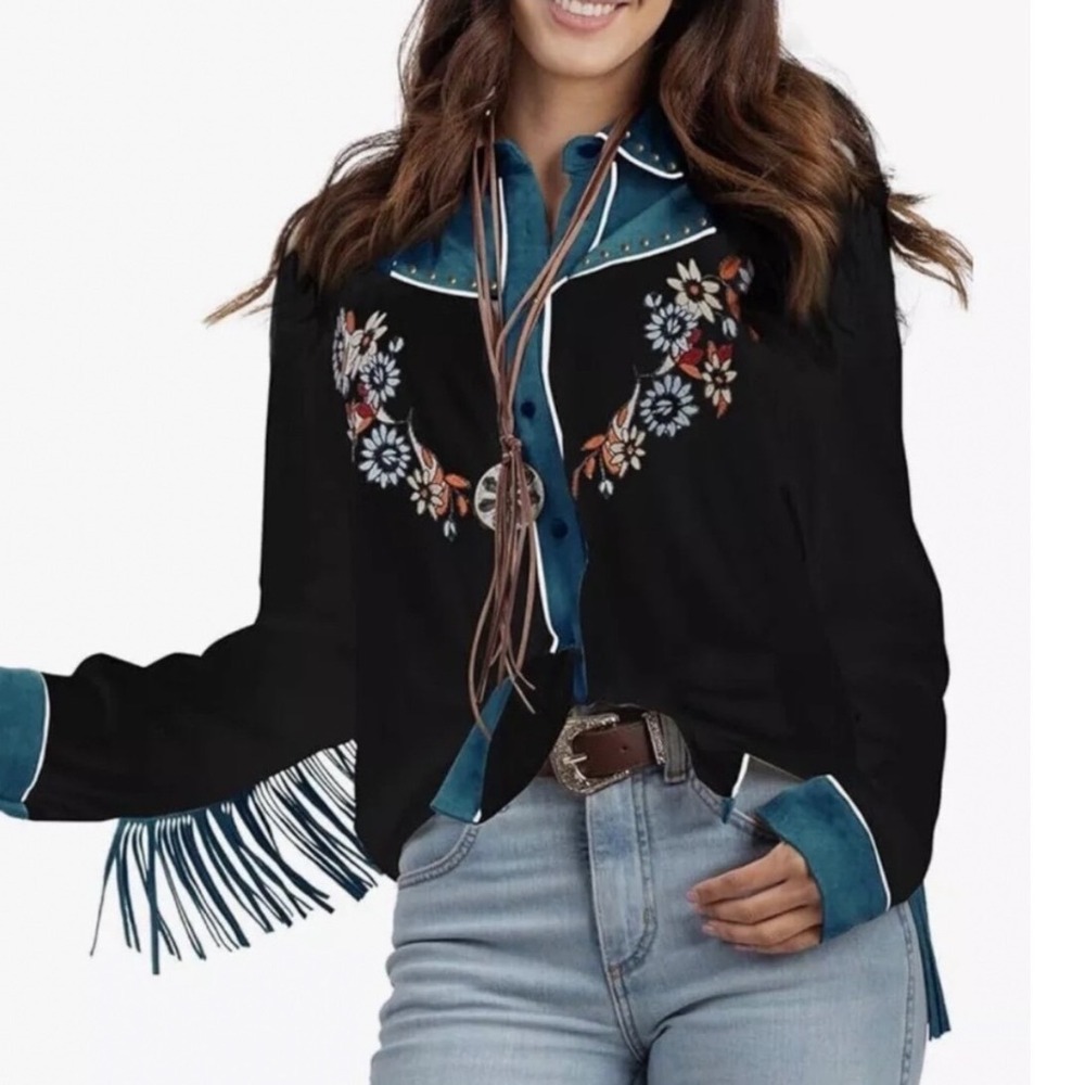 John Moon Texas Fringe Western Shirt Black Turquoise Floral Embroidered Small